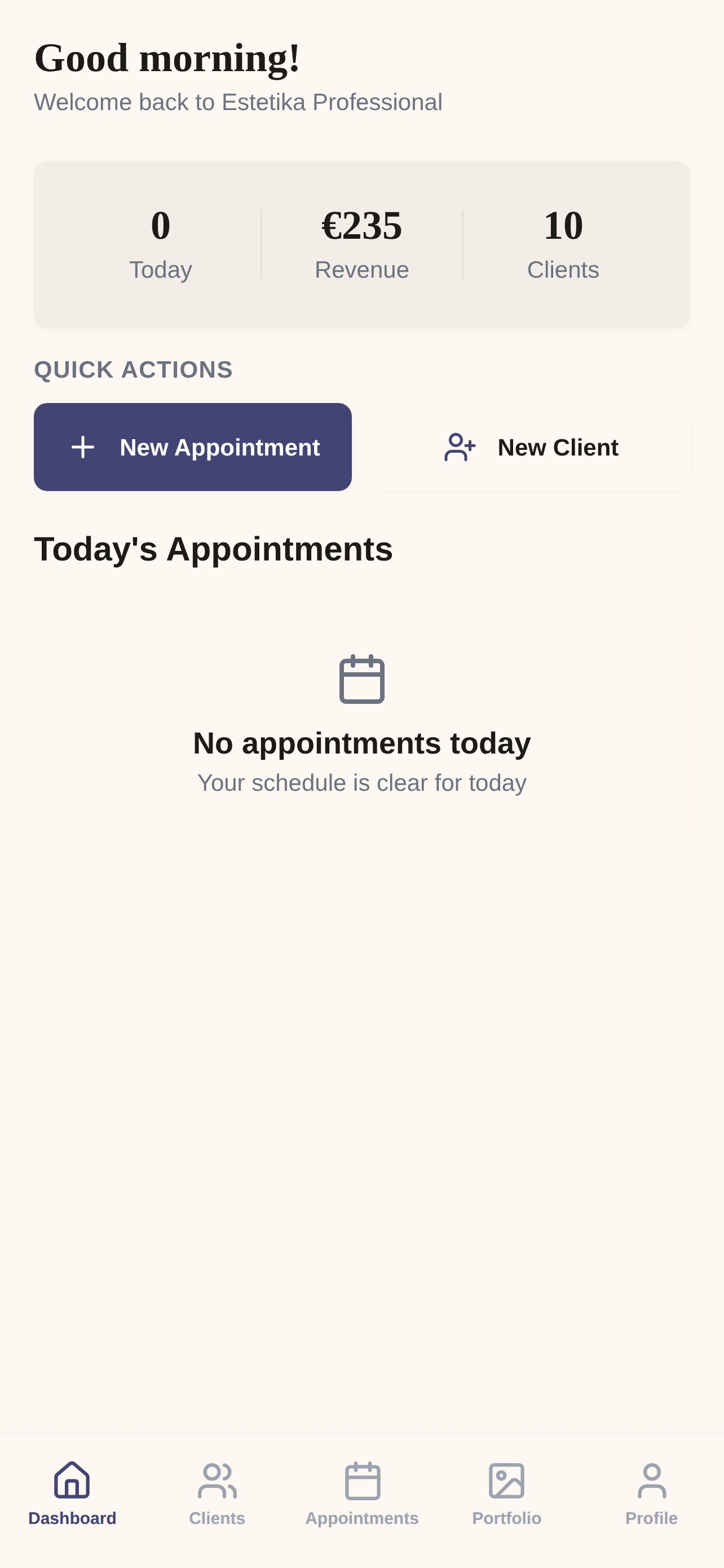 Dashboard overview with daily stats, revenue, quick actions and today's appointments
