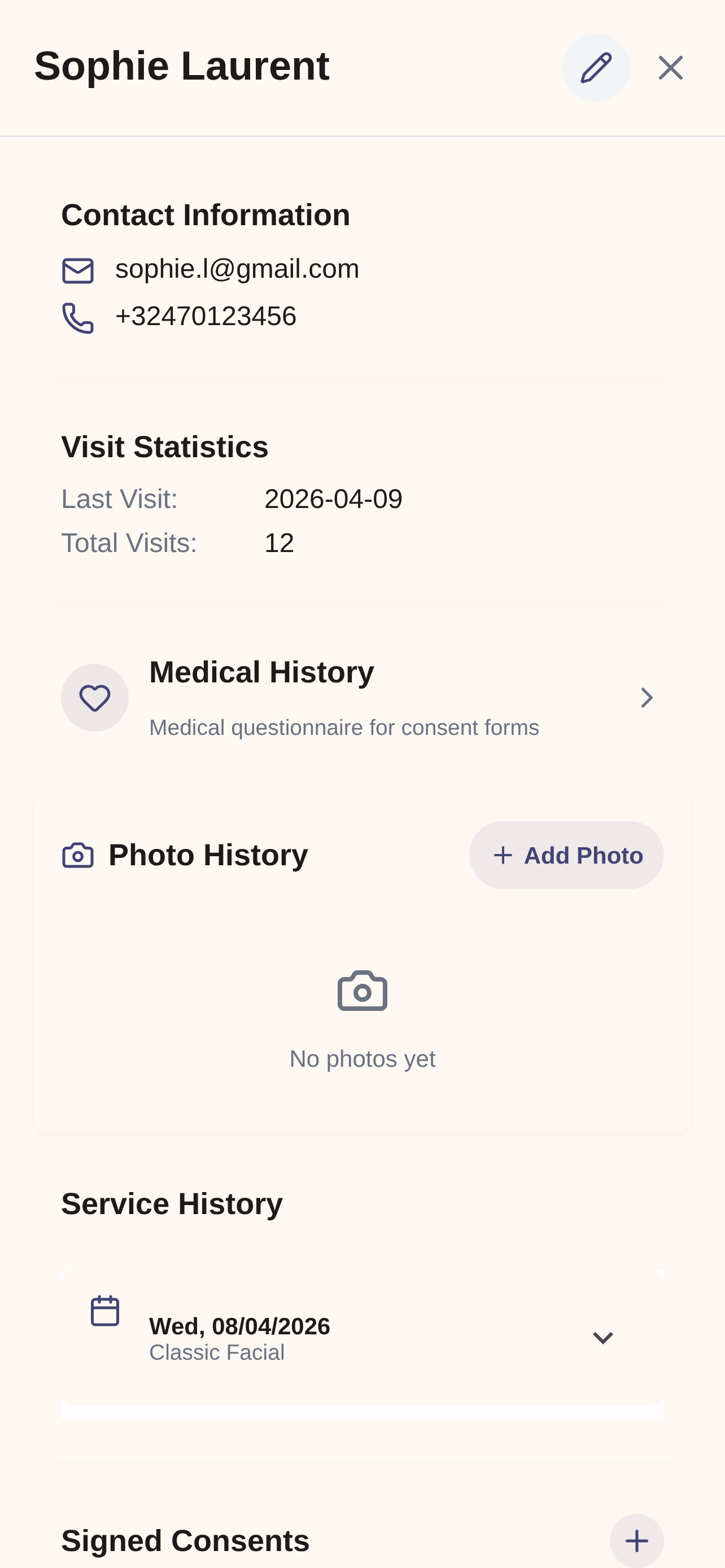 Client profile with contact details, medical history and treatment records