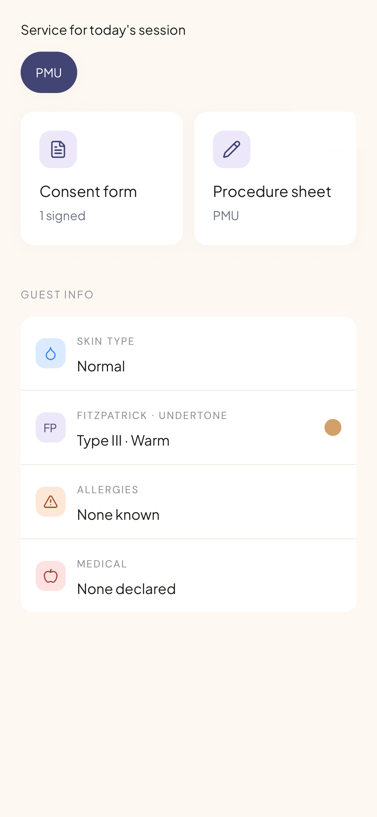 Session screen with signed consent form, procedure sheet, skin type and medical info