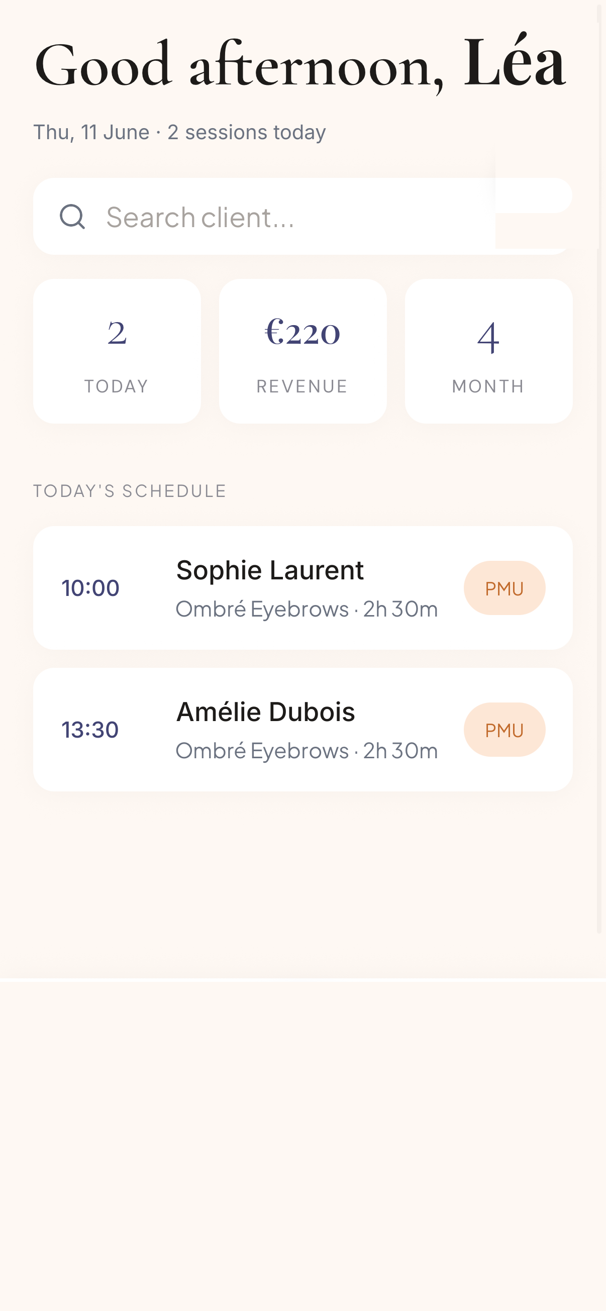 Dashboard with today's schedule, daily revenue and upcoming appointments