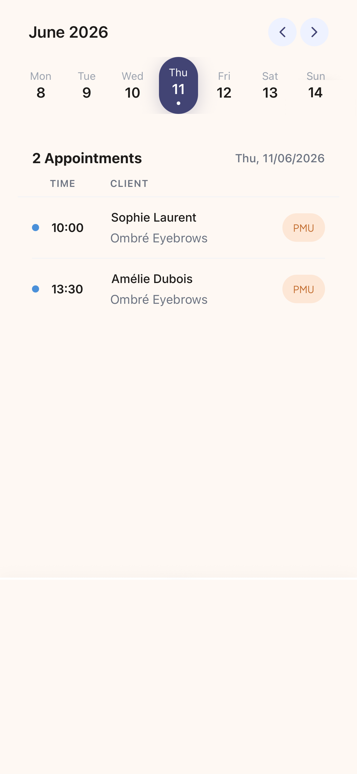Appointment calendar with weekly day strip, times, clients and service badges