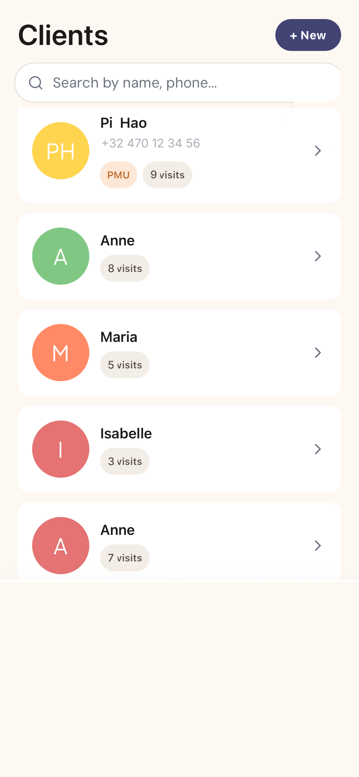 Client list with avatars, contact details, visit counts and specialty badges